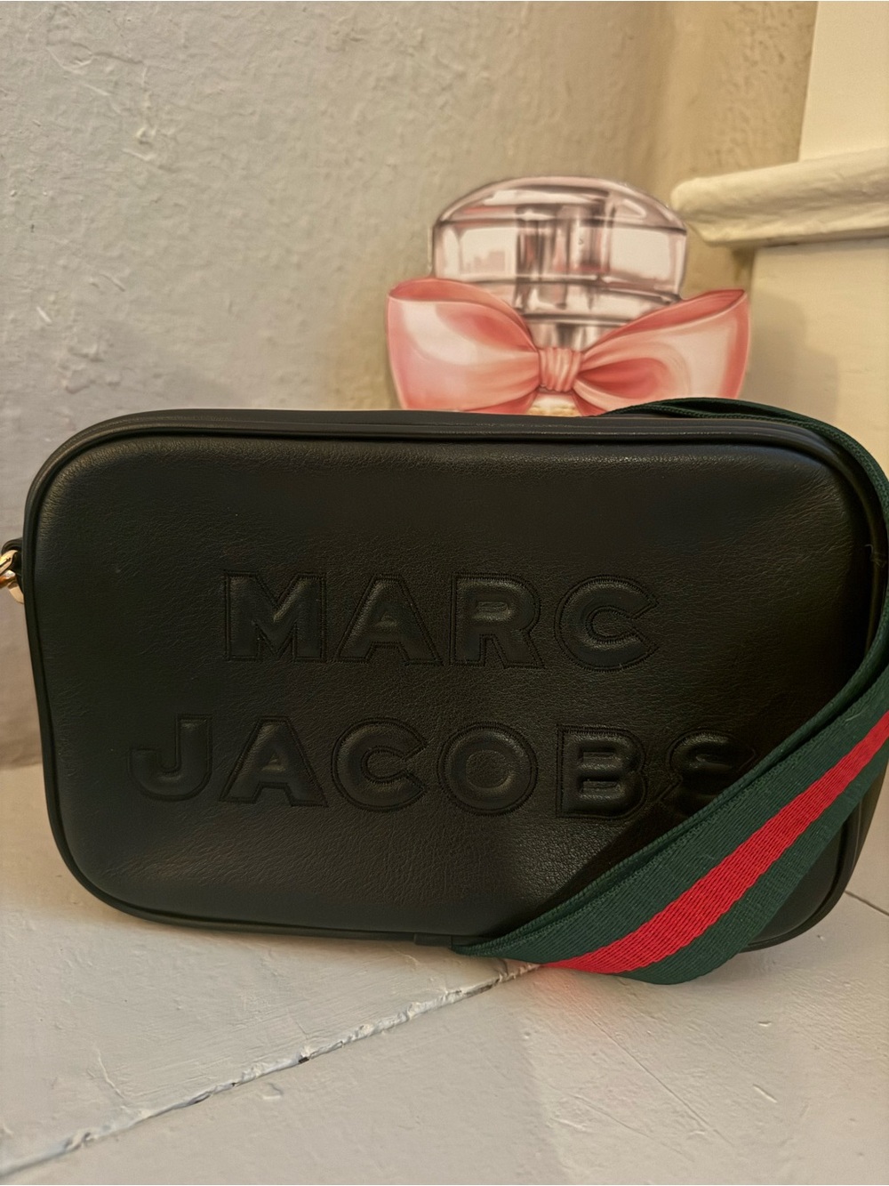 MARC JACOBS Black Leather Camera Bag with Green / Red Guitar Strap